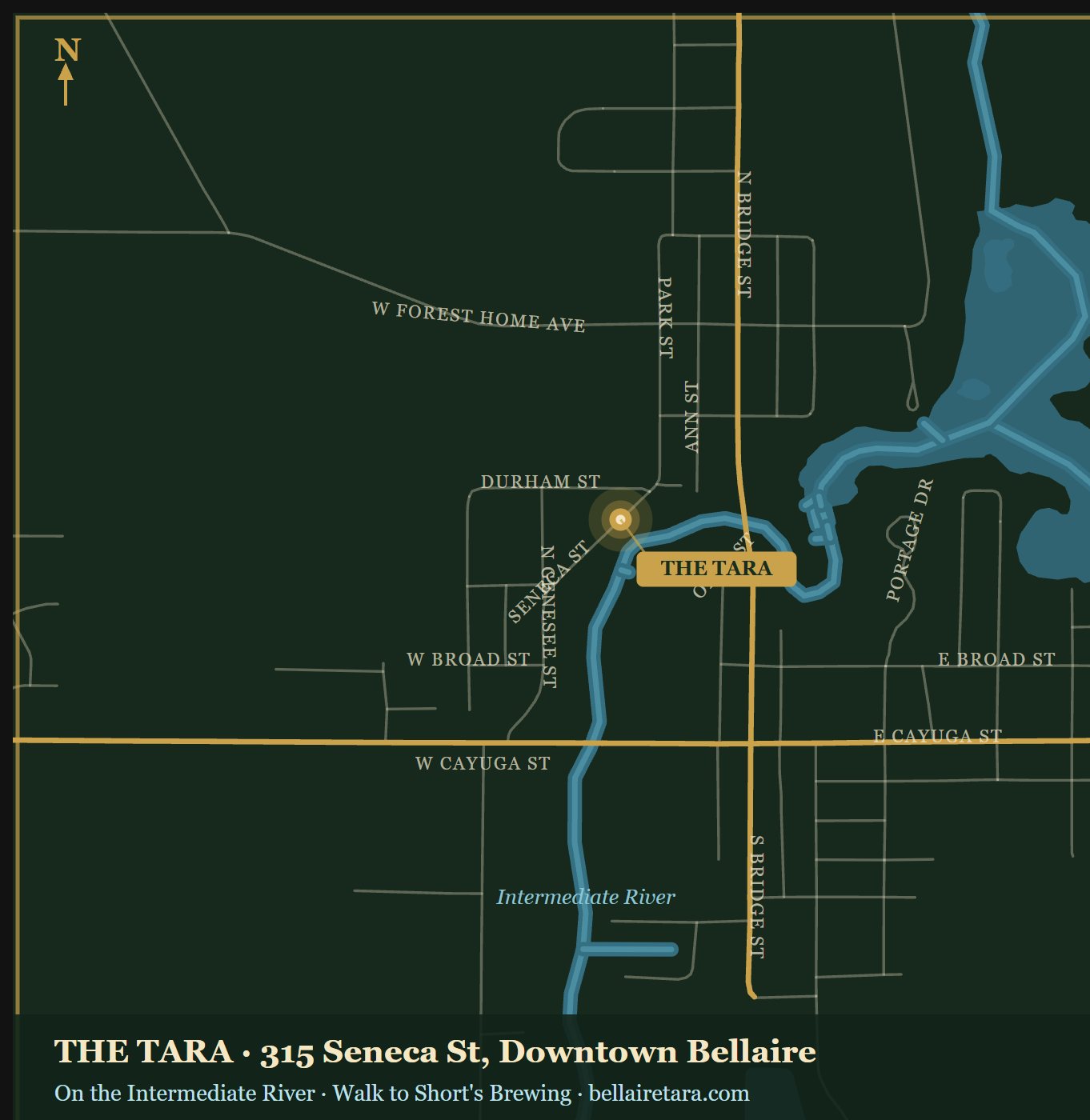 Map — The Tara, 315 Seneca St, downtown Bellaire on the Intermediate River